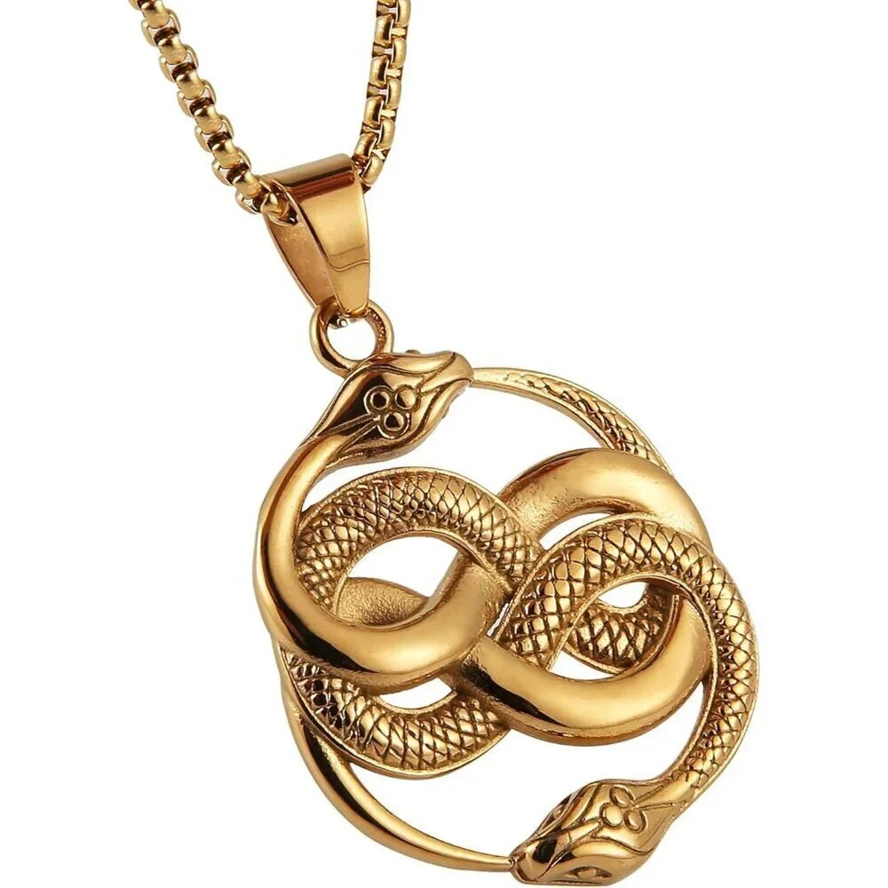 Mens End to End Gold Snake Gothic Stainless Steel Snake Pendant Jewelry Chain